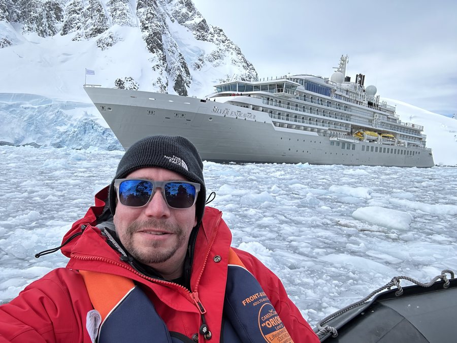 Joshua Bush in Antarctica at the christening of Silver Endeavour, 2022